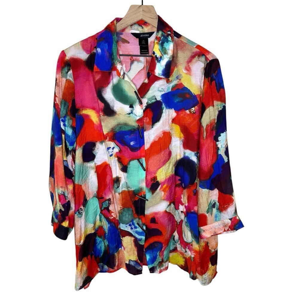 Ali Miles Women’s Abstract Art To Wear 3/4 Sleeve Tunic Top Size 1X Contemporary